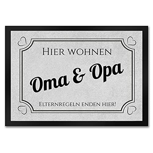 trendaffe - Hier wohnen Opa und Oma Fußmatte in 35x50 cm - Elternregeln Enden Hier in grau mit Herz die Omi und Opa Schmutzfangmatte als Geschenkidee für die liebsten Menschen auf der Welt von trendaffe -