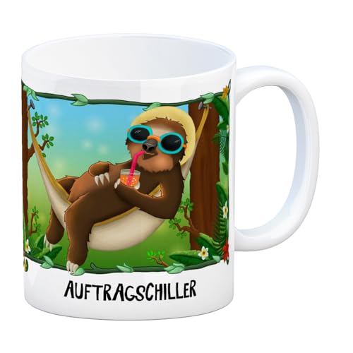 trendaffe Kaffeebecher mit Faultier in Hängematte Motiv und Spruch: Auftragschiller von trendaffe