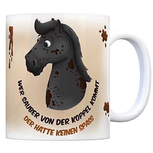 trendaffe Kaffeebecher mit schwarzes Pferd Motiv und Spruch: Wer sauber von der Koppel kommt der hatte keinen Spaß von trendaffe