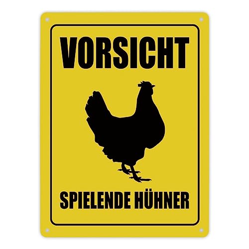 trendaffe - Metallschild XL mit Huhn Motiv und Spruch: Vorsicht spielende Hühner von trendaffe -