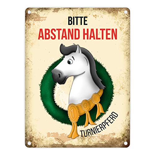 Metallschild mit weißes Pferd Motiv und Spruch: Bitte Abstand halten - Turnierpferd von trendaffe
