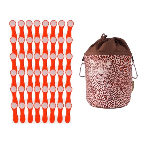 48 Wäscheklammern Wäscheclips mit Druckfedern aus Edelstahl und Soft Touch Orange Weiß und 1 bellaCott Wäscheklammerbeutel Leopard braun von trendfinding