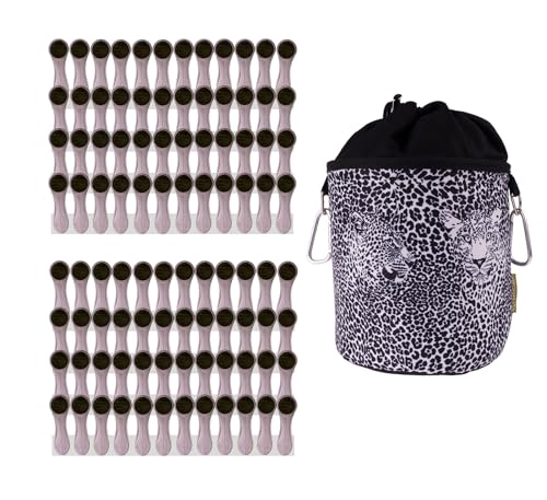 96 Wäscheklammern mit Spiralfedern Softgrip Silber Anthrazit und 1 bellaCott Wäscheklammerbeutel Leopard Schwarz von trendfinding