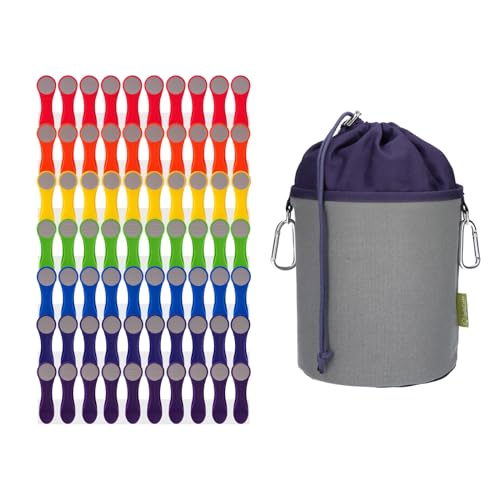 trendfinding 70 Regenbogen Wäscheklammern bunt grau mit Edelstahlfedern und Softgrip, 1 Canvas Wäscheklammerbeutel Grau Oxford Blau von trendfinding