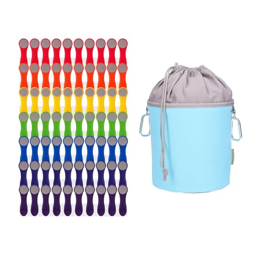 trendfinding 70 Regenbogen Wäscheklammern bunt grau mit Edelstahlfedern und Softgrip, 1 Canvas Wäscheklammerbeutel Hellblau Grau von trendfinding