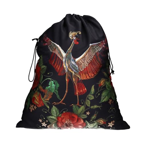 trendfinding Großer Wäschesack 15kg Fassungsvermögen, 60x70 cm aus 12OZ Baumwolle - Schwarz mit Blumenparadiesvogel-Design, Transferdruck und beidseitiger Zuziehkordel von trendfinding