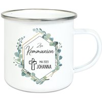 Geschenk Zur Kommunion - Emaille-Tasse Eukalyptus Mit Wunschnamen Und Datum von trendgravur