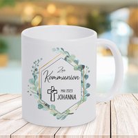 Geschenk Zur Kommunion - Tasse Eukalyptus Mit Wunschnamen Und Datum von trendgravur