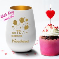 Personalisiertes Windlicht Weiss-Gold Zum Geburtstag - Luftballons Mit Wunschjahr Und Wunschnamen von trendgravur