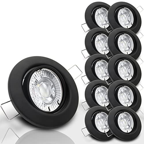 trendlights24 Decora Decken Einbaustrahler flach 35 mm 230V 10er Set - LED Spots je 5W Neutralweiß 400lm austauschbar - Schwarz matt schwenkbar 68 mm von trendlights24