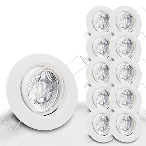 trendlights24 Decora Decken Einbaustrahler flach 35 mm 230V 10er Set - LED Spots je 5W Warmweiß 400lm austauschbar - Weiß schwenkbar 68 mm von trendlights24