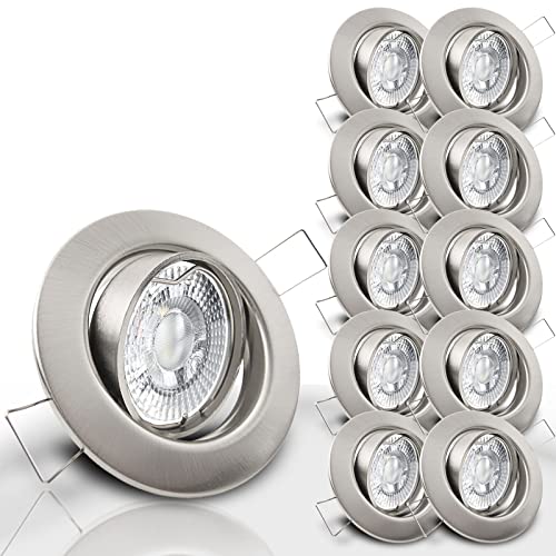 trendlights24 Decora LED Einbaustrahler 230V Edestahl Optik rund dimmbar, 10er Set Spots 7W GU10 Kaltweiß, Decken Einbauleuchte 68 mm, schwenkbar von trendlights24