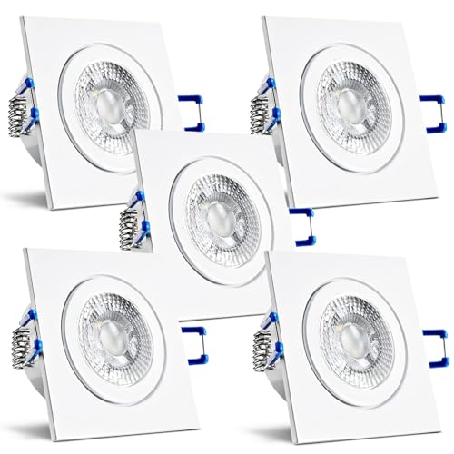 trendlights24 Mare IP44 Bad LED Einbaustrahler 230V Weiß eckig 3 Stufen dimmbar ultra flach 35 mm 5er Set 5W Neutralweiß Deckenleuchten für Feuchtraum von trendlights24