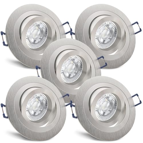 trendlights24 Noble Decken Einbaustrahler LED 230V Alu Silber rund 3 Stufen dimmbar, 5er Set 5W Neutralweiß ultra flach 35 mm, LED-Spots schwenkbar von trendlights24