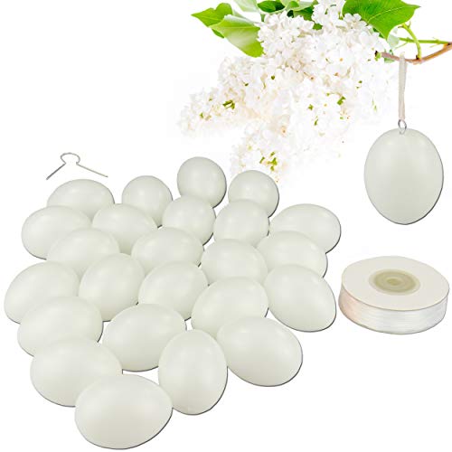 trendmarkt24 Kunststoffeier Weiß 25er Pack mit 25 Aufhänger 1 Satinband 50m weiß 6cm Plastik Eier von trendmarkt24