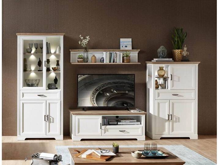 Wohnwand JASMIN UH82 Pinie weiß Nachbildung 4-teilig im Landhausstil von trendmöbel24