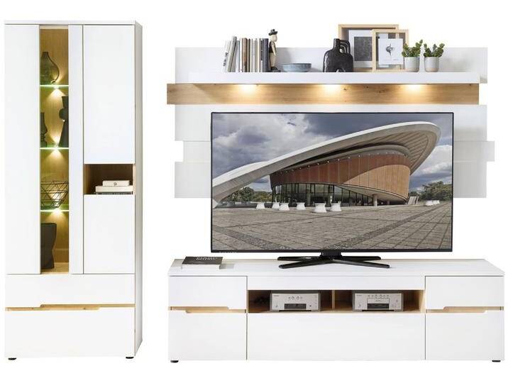 Wohnwand Wohnzimmerschrank MEMPHIS Weiß mit Artisan Eiche Nachbildung von trendmöbel24