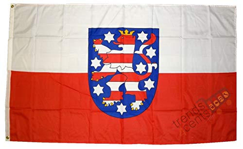 Top Qualität - Flagge THÜRINGEN MIT WAPPEN Fahne, 250 x 150 cm, EXTREM REIßFEST, Keine BILLIG-CHINAWARE, Stoffgewicht ca. 100 g/m², sehr robust, extra starke Messing-Ösen von trends4cents