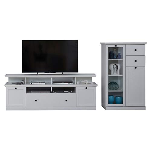 trendteam smart living - Baxter - Anbauwand - Weiß - Vitrine und TV-Unterteil inkl. Aufsatz - (BxHxT) 273 x 129 x 41 cm - Vitrine mit Glastüren, Sockel von trendteam smart living