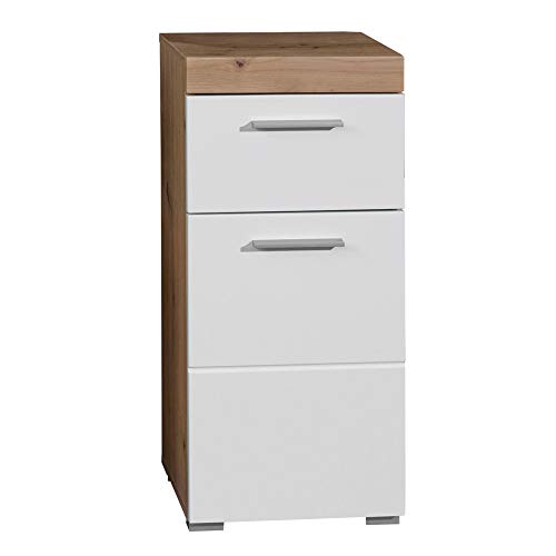 trendteam smart living - Amanda - Kommode - Weiß Hochglanz/Eiche - Badezimmerschrank - (BxHxT) 37 x 79 x 31 cm - Badkommode mit 1 Tür und 1 Schublade - moderne Fräsung - vielseitig einsetzbar von trendteam smart living