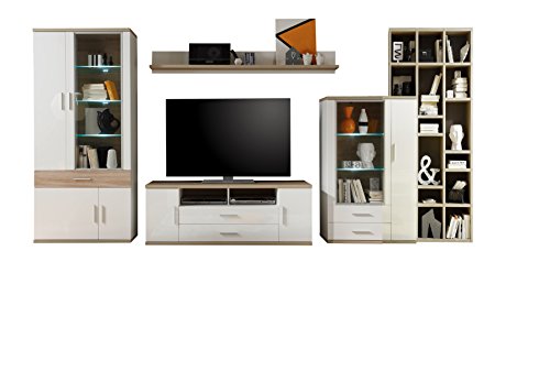 trendteam Wohnzimmer 5-teilige Set Kombination Arena, 425 x 199 x 47 cm in Korpus Weiß Front Weiß Hochglanz, Absetzungen Eiche Sägerau hell mit viel Stauraum von trendteam smart living