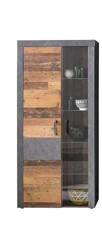 trendteam smart living - Indy - Highboard - Graphit Grau/Alteiche - Vitrine inklusive Beleuchtung mit 2 Türen, 4 Glasböden und 3 Einlegeböden - (BxHxT) 87 x 189 x 34 cm - Glastür von trendteam smart living