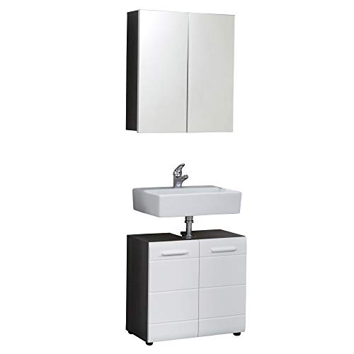 trendteam smart living - Line - Badmöbel-Set (Waschbeckenunterschrank + Spiegelschrank) - Rauchsilber/Weiß Hochglanz - (BxHxT) 60 x 182 x 31 cm - chromglänzende Griffe - Kratzfest von trendteam smart living
