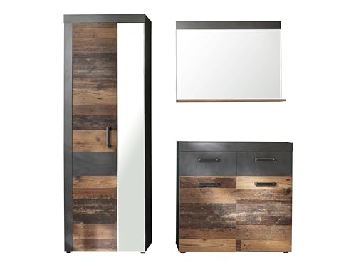 trendteam smart living - Indy - Garderoben-Set (Kleiderschrank + Kommode + Wandspiegel) - Graphit Grau/Alteiche - (BxHxT) 170 x 192 x 34 cm - rustikales Design von trendteam smart living