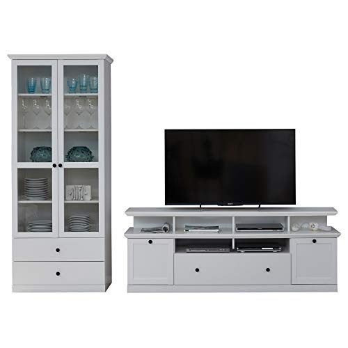 trendteam smart living - Baxter - Anbauwand - Weiß - Vitrine, TV-Unterteil inkl. Aufsatz, Wandboard - (BxHxT) 273 x 196 x 41 cm - Vitrine mit Glastüren, Sockel von trendteam smart living