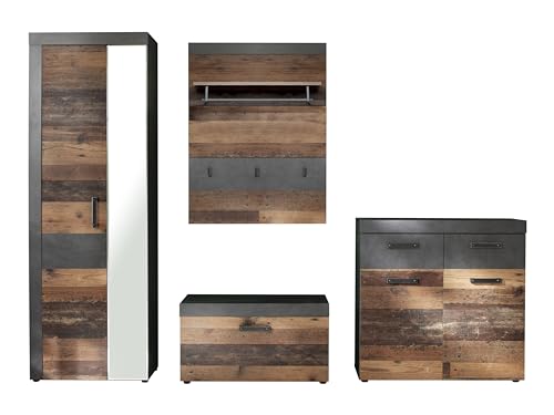 trendteam smart living - Indy - Garderobenkombination - Eiche/Grau - Garderobenschrank, Sitzbank, Paneel, Schuhschrank - (BxHxT) 265 x 192 x 37 cm - antikfarbene Griffe von trendteam smart living