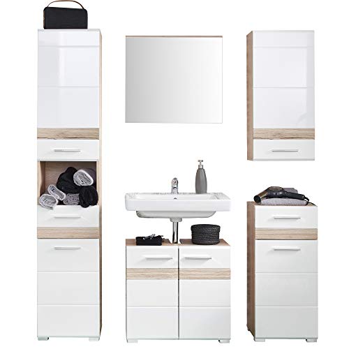 trendteam smart living - 5-teilige Badkombination Badmöbel - Badezimmer - Set One - Aufbaumaß (BxHxT) 159 x 182 x 34 cm - Farbe Weiß Hochglanz mit Eiche San Remo Hell - 133690196 von trendteam smart living