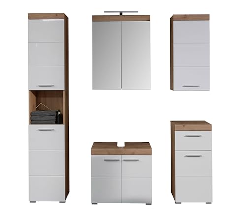 trendteam smart living - Amanda - Badezimmer Komplettset (WBU + Spiegelschrank LED + Standschrank + Hochschrank + Hängeschrank) - Weiß/Weiß Hochglanz Eiche - (BxHxT) 163 x 190 x 34 cm - Kratzfest von trendteam smart living