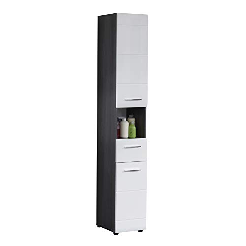 trendteam smart living - Hochschrank Schrank - Badezimmer - Line - Aufbaumaß (BxHxT) 30 x 182 x 31 cm - Farbe Sardegna Rauchsilber mit Weiß Hochglanz - 189810303 von trendteam smart living