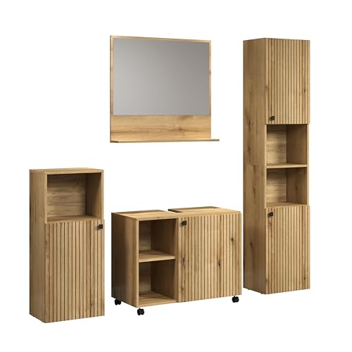 trendteam smart living - PureBliss - Badezimmer Komplettset (WBU + Spiegel 80cm + Standschrank + Hochschrank) - Evoke Eiche - Rillenoptik - Aufbaumaß (BxHxT) 180 x 190 x 40cm - Metallgriffe von trendteam smart living