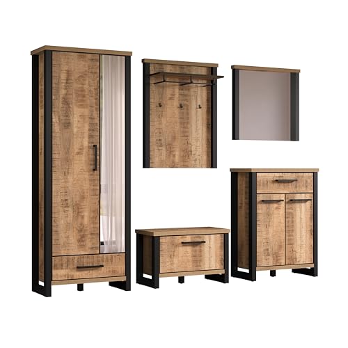 trendteam smart living – Enna – Garderoben-Set – Mango/Schwarz – Schrank, Sitzbank, Wandspiegel, Kommode und Garderobenpaneel – (BxHxT) 249 x 195 x 39 cm – Vollauszugfunktion von trendteam smart living