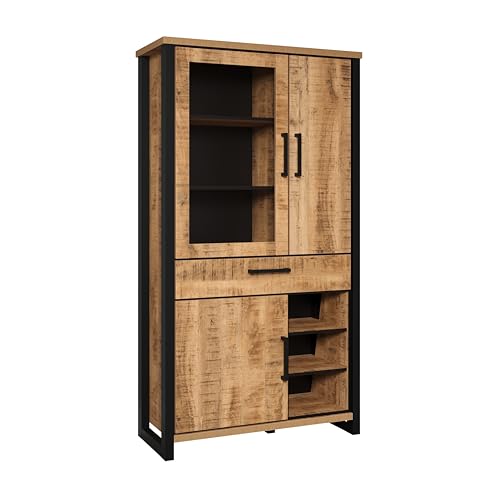 trendteam smart living - Enna - Vitrine - Mango/Schwarz - Stauraumvitrine mit 3 Türen, 1 Schublade, 3 offene Fächer und 7 Einlegeböden - (BxHxT) 106 x 195 x 45 cm - ESG-Klarglastüren von trendteam smart living