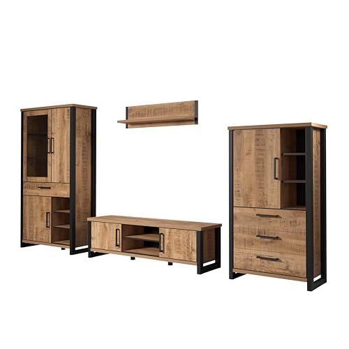 trendteam smart living - Enna - Wohnwand (Stauraumvitrine + Highboard + TV-Lowboard + Wandboard) - Mango/Schwarz - (BxHxT) 389 x 195 x 45 cm - Schwarze Metallgriffe von trendteam smart living