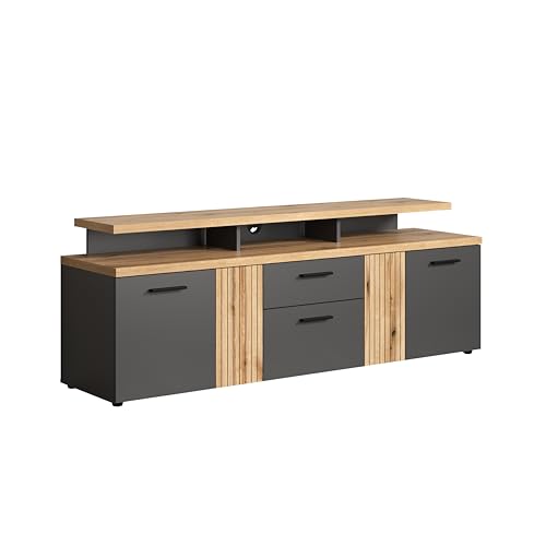 trendteam smart living - Esteban - TV-Schrank - Grau/Eiche - Lowboard mit 4 Türen, 1 Schublade, 1 Klappe, 3 offene Fächer - (BxHxT) 180 x 67 x 47 cm - 2 Türen in Rillenoptik, rechts/Links montierbar von trendteam smart living