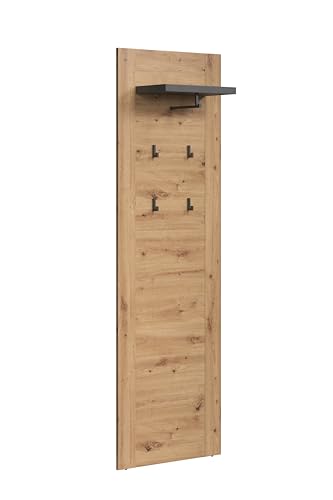 trendteam smart living - Follow - Garderobenpaneel - Artisan Eiche/Matera - Wandpaneel grauem Akzent 4 Haken, 1 Kleiderstange und 1 Hutablage - (BxHxT) 62 x 199 x 26 cm - Schwarze Haken, Stange von trendteam smart living
