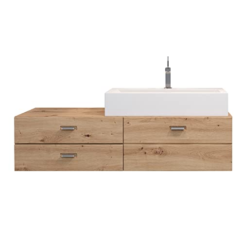 trendteam smart living - Geo - Waschbeckenunterschrank inkl. 80 cm Mineralguss-Aufsatzwaschbecken - Artisan Eiche - Waschtisch hängend - (BxHxT) 140 x 50 x 53 cm - 2 Schubladen, 1 Klappe - kratzfest von trendteam smart living