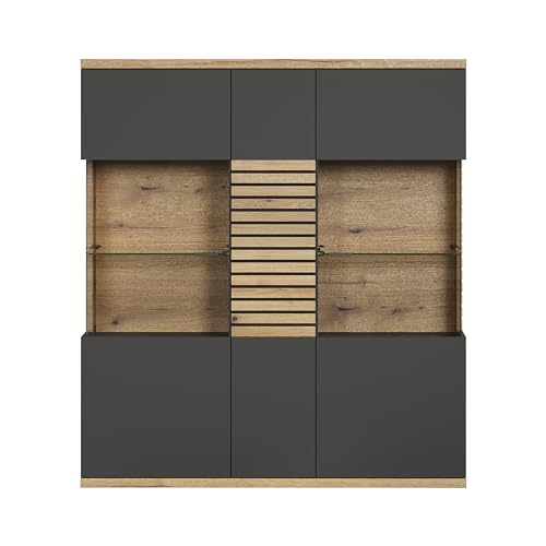 trendteam smart living - Norris - Vitrine - Anthrazit/Evoke Eiche - Highboard mit 15 Fächern - (BxHxT) 131 x 147 x 38 cm - Soft-Close-Türen und Vollauszug-Schubladen - kratzfest von trendteam smart living