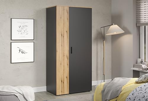 trendteam smart living - Esteban - Garderobenschrank - Anthrazit/Evoke Eiche - Stauraumschrank mit 2 Türen, 1 Ablageboden und 1 Kleiderstange - (BxHxT) 90 x 195 x 55 cm - Rillenoptik von trendteam smart living