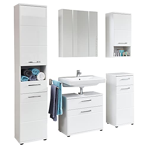 trendteam smart living - Monte - Badmöbel-Set (Hochschrank + Waschbeckenunterschrank + Spiegelschrank + Standschrank + Hängeschrank) - Weiß/Weiß Hochglanz - (BxHxT) 164 x 189 x 38 cm - Kratzfest von trendteam smart living