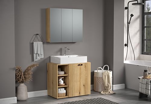 trendteam smart living - PureBliss - Badmöbel-Set Waschbeckenunterschrank + Spiegelschrank - Evoke Eiche - Rillenoptik - (BxHxT) 90 x 186 x 53cm - Badezimmermöbel mit edlen Metallgriffen von trendteam smart living