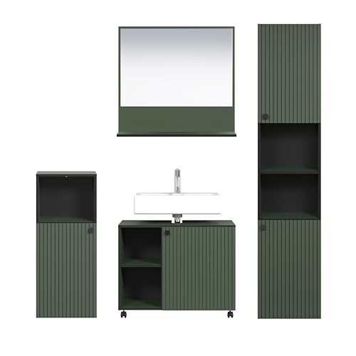 trendteam smart living - PureBliss - Badezimmer Komplettset (WBU + Spiegel 60cm + Standschrank + Hochschrank) - Grün - Rillenoptik - Aufbaumaß (BxHxT) 180 x 186 x 42 cm - Metallgriffe von trendteam smart living