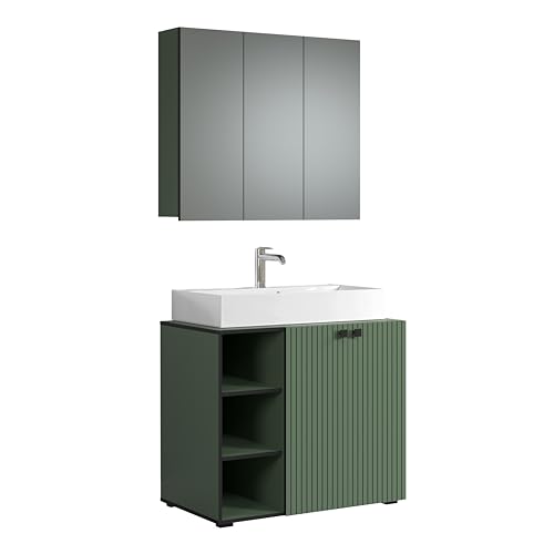 trendteam smart living - PureBliss - Badmöbel-Set Waschbeckenunterschrank + Spiegelschrank - Grün - Rillenoptik - (BxHxT) 90 x 186 x 53cm - Badezimmermöbel mit edlen Metallgriffen von trendteam smart living