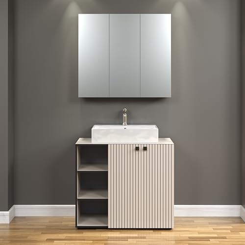 trendteam smart living - PureBliss - Badmöbel-Set Waschbeckenunterschrank + Spiegelschrank - Kashmir Hellgrau - Rillenoptik - (BxHxT) 90 x 186 x 53cm - Badezimmermöbel mit edlen Metallgriffen von trendteam smart living