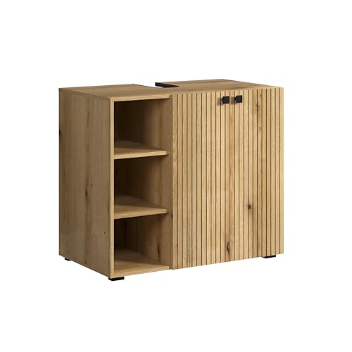 trendteam smart living - PureBliss - Waschbeckenunterschrank - Evoke Eiche - Rillenoptik - 3 offene Fächer + 1 Einlegeboden - (BxHxT) 90 x 79 x 53cm - edle Metallgriffe von trendteam smart living