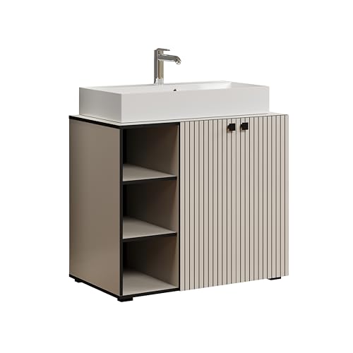 trendteam smart living - PureBliss - Waschbeckenunterschrank - Kashmir Hellgrau - Rillenoptik - 3 offene Fächer + 1 Einlegeboden + 80cm Aufsatzwaschbecken - (BxHxT) 90 x 91 x 53cm - edle Metallgriffe von trendteam smart living