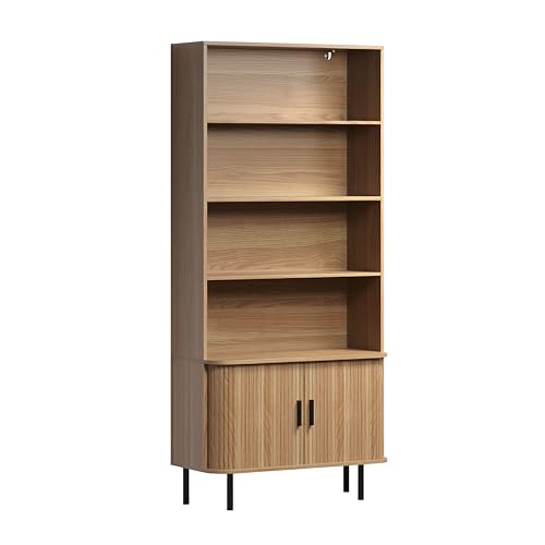 trendteam smart living - Ronin - Standregal - Eiche/Schwarz - Elegantes Bücherregal mit Jalousie-Schiebetüren und Holzgriffen - (BxHxT) 80 x 172 x 40 cm - Schwarze Metallfüße - 4 offene Fächer von trendteam smart living